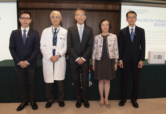 HKUMed advocates for consideration of a total ban on tobacco in Hong Kong. (from left: Professor Kelvin Wang Man-ping, Professor Lam Tai-hing, Professor Chak-sing Lau, Professor Sophia Chan Siu-chee and Dr Daniel Ho Sai-yin).
 